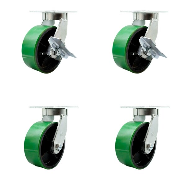 Service Caster 8'' Heavy Duty Green Poly on Cast Iron Caster Set 4 Swivel Locks 2 Brakes, 4PK CRAN-KP92S830-PUR-GB-SLB-BSL-2-BSL-2 - main